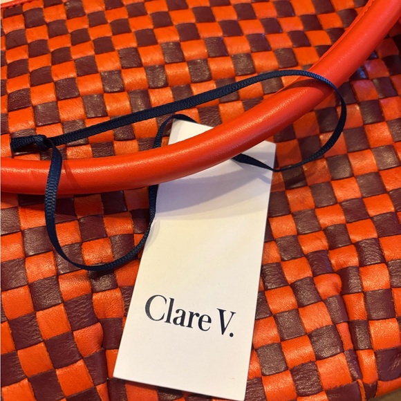 Clare V. Petite Moyen Bright Poppy and Bordeaux Woven Checker Bag - Picture 9 of 16